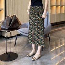 YI MING 여성용 해바라기 꽃 무늬 A라인 데님 청 스커트 트임 롱 데님스커트 F287