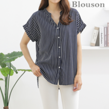 블루종세일 한정수량/패플단독 블루종 줄지 롤업 소매 블라우스_B2106BL157B