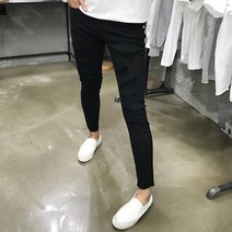 용된다 남자 디스트로이드 슬림핏 블랙진 청바지