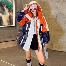 구스 벨트 롱 유광 패딩 코트 신제품 밝은 얼굴 다운 짧은 후드 패치 워크 컬러 허리 일회 패션 빵 코튼 2022