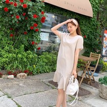 여자 라운드넥 밑단 프릴 포인트 루즈핏 롱 원피스