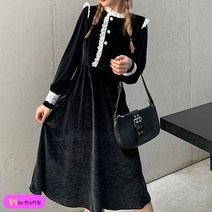 봄빛 배색 레이스 벨벳 루즈 롱 플레어 원피스 66089