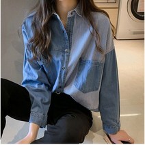 여성 청셔츠 포켓 블라우스 데님면 레깅스 코디 상의 카라 셔츠