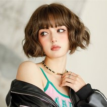 하이유니 히피펌 짧은 단발 헤어 통가발 27cm, 다크브라운 - 통가발+거치대+가발망