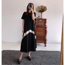 [핀조에] 럭키캣 반팔 배색 플리츠 롱 원피스 - cp1441