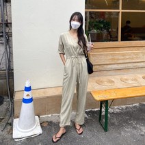 바스락 레이온 점프수트(카키 다크그레이) 반팔점프수트/허리끈/리본/브이넥