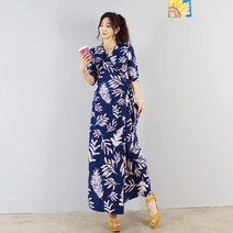 다이뻐 DAIBBU 리틀깽스 자체제작 국산 다이뻐 빅사이즈 블루나뭇잎 프린트 스판 여신스타일 오버랩 롱맥시 랩원피스