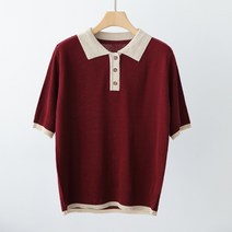 제니트 여성 기본핏 칼라넥 데일리룩 배색 반오픈 반팔 니트 화지카라반팔