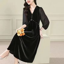 urkoteer 롱스커트 골드 벨벳 원피스 반팔 패치 브이넥 레이스 가을