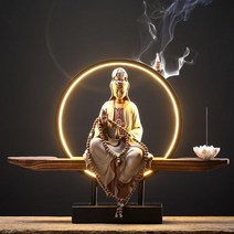 관세음보살 불상 LED 후광등 나무 관세보살 향로 향피우기 장식품 6종, 단일사이즈, 감로수병 관음 도자기색