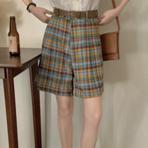 나루니 W04752 체크 반바지 여성반바지 숏팬츠 통바지 체크무늬 캐쥬얼