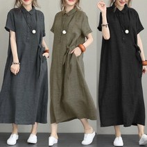 퍼프 은창]린넨 린넨 원피스 여름 롱원피스 카라 돌잔치엄마 베 롱 여성 치마 반팔 루즈핏 빅사이즈