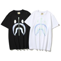 BAPE 조수 브랜드 티셔츠 발광 상어 입 프린트 라운드 넥 풀오버 남성과 여성 느슨한 반팔