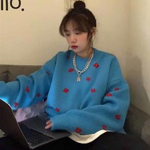 코발트 블루 하늘색 핫 핑크 니트패션 꽃 스웨터 여성 겨울 니트 따뜻한 풀오버 긴 점퍼 Y2k 상의 빈티