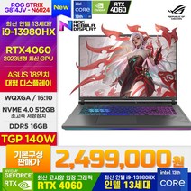 [2023년 최신모델 18인치] i9 13세대 / RTX4060 / TGP 140W / 240Hz / 16GB / 512GB 게이밍노트북 ASUS ROG G814JV-N6024, FreeDOS, 24GB, 코어i9 13세대, 이클립스 그레이