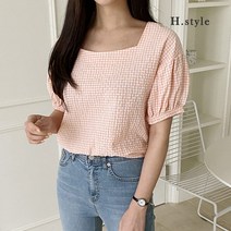 H스타일 DK 라이트체크BL 여름 반팔 블라우스