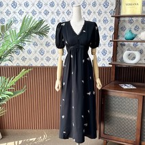 요시아나 [당일발송] 모엣느 핑크 플라워 자수 엠파이어 블랙 롱원피스