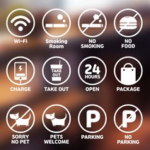 봉고차 매장 카페 픽토그램 스티커 (와이파이 흡연금지 외부음식반입금지 당기세요 CCTV 테이크아웃 노키즈존 등), 화이트-한글(반전있음)