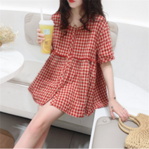 여자 여름 반팔 체크 7부 블라우스 큰 사이즈 셔츠 루즈핏 티셔츠 블라우스