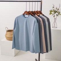 남녀공용 오버핏 폴리 스트라이프 라운드 긴팔티