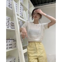 여성 반팔 라운드 크롭 니트티 여름 아이스 실크 니트 티셔츠 여성용 얇은 디자인 틈