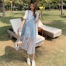 데님 멜빵 원피스 반팔 레이스 롱원피스 77사이즈