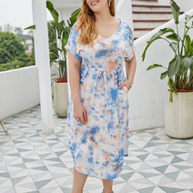 넥타이 염료 드레스 플러스 사이즈 여성 여름 미디 드레스 스트리트웨어 숙 녀 우아한 V 목 레이스 승차원