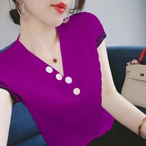 블라우스 패션 v-목 Spliced 버튼 여름 대형 솔리드 컬러 캐주얼 접착제 풀오버 여성 의류 통근 셔츠