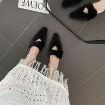 스퀘어 힐 신발 여성용 슬리퍼 플록 퍼 플립 플롭 여성 뮬 커버 토 슬라이드 블록 플러시 소프트 플랫 베이직