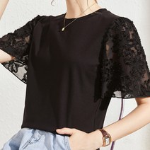 데일로엔 여성용 쉬폰 스티치 레이스 소매 반팔 티셔츠
