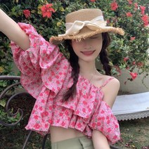 빠리맘 여성 오프숄더 숏 블라우스 여름 플라워 프릴 DV53
