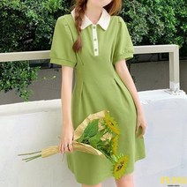 미미앤느 [L-4XL] 슬림핏 인형 칼라 그린 반팔 여름 미니 원피스 111099