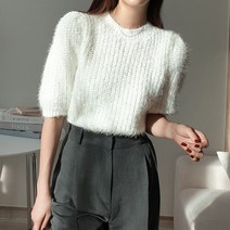 솔잎사 도톰 짜임 겨울 라운드넥 퍼프 반팔 7부 부클 솔잎 니트