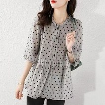 땡땡이 도트 블라우스 셔츠 라운드넥 여름 여성 쉬폰 프릴 캐주얼 루즈핏