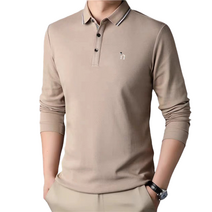 남성용 퍼피자수 면혼방 긴팔 카라 티셔츠, 카키