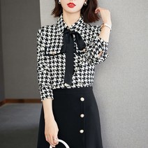 넷투넷코리아 여성 캐주얼 하운드 체크 빈티지 리본 블라우스 셔츠