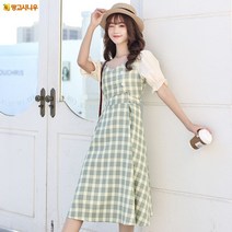 Mangoxiniu 봄여름 프렌치 빈티지 스퀘어넥 조거 슬림해 보이는 반팔 체크 원피스