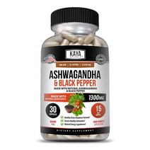 Kaya Naturals 흑후추 함유 유기농 아쉬와간다 뿌리 | 최대 강도 1300mg 강장제 보충제 남성 및 여성용 부신 글란 건강 집중력 에너지 활력을 지원하는 60개입 2, 30 Count