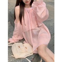 오프숄더 쉬폰 보세 셔츠 롱 핑크 블라우스 긴팔 루즈핏 하늘하늘 샤랄라 수입 SY