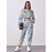 화려한 라운드넥 루즈핏 긴팔 조거 트레이닝 복 세트 레터링 특이한 패턴 패셔니스타