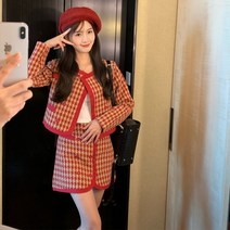레드 체크자켓 모직 미니 스커트 투피스세트