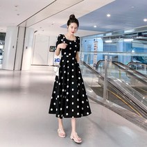 쉬폰 허리 스트링 롱원피스 여름 여성 프렌치 빈티지 반팔 도트 사각넥 슬림핏