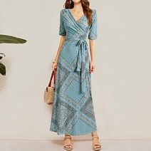 여성 페이즐리 패턴 랩 반팔 롱 원피스