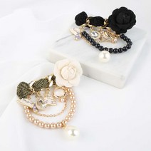 제이엠코 장미꽃 코사지 체인 트위드 옷핀 브로치 블랙 베이지