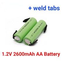 필립스 호환 2022 1.2V AA 충전식 배터리 2600mah NI-MH 셀 그린 쉘 전기 면도기 칫솔용 용접 탭 포함, [01] 2pcs