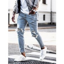 라이트 블루 스키니 진 남성 스트리트웨어 파괴 찢어진 청바지 옴므 힙합 부러진 모디스 남성 연필 바이커 할로우 아웃 진 바지