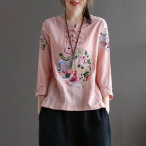 3/4 o넥 코튼 린넨 티셔츠 여성용 중국산 에스닉 자수 블라우스 슬리브 루즈한 여름 상의 100%, XXXL
