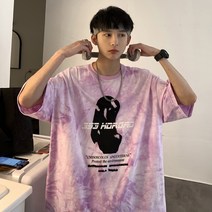 니반팔티 홀치기염색 반팔티셔츠남자 오버핏 빅사이즈 조류표 뚱보 와이드핏 여름옷 스트릿 2633003137