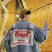 후드자켓노카라청자켓여성간절기자켓 남성 데님 패치 워크 마모 재킷 느슨하고 젊은 유행 봄 가을 천 캐주얼 진 코트
