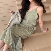 러빙엠 잔 도트 땡땡이 민소매 나시 슬립 브이넥 롱 원피스